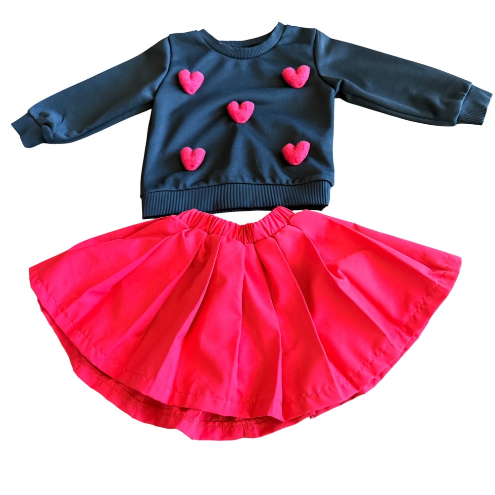 SHEIN Kids 12-18M Black Sweatshirt 3D Red Hearts & Red Skirt 2-Piece Set